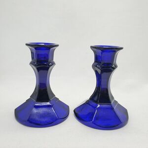 Set of 2 Small 4"‎ Glass Cobalt Blue Pressed Glass Candle Stick Holders VINTAGE